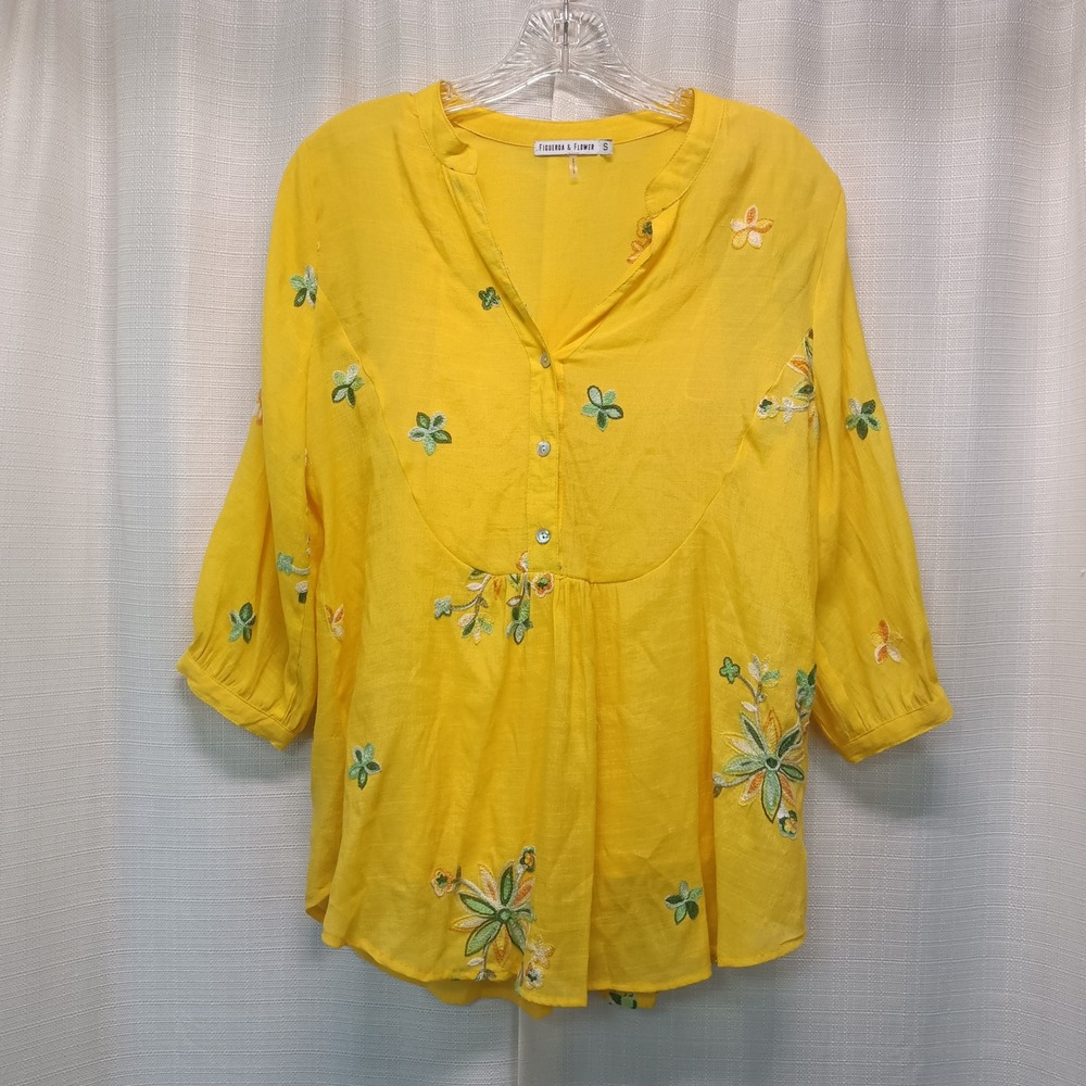 Figueroa & Flower Yellow Floral Embroidered Boho Tunic Top Small Cottagecore
